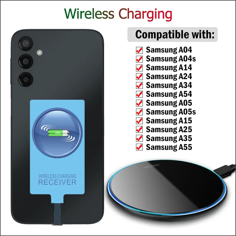 Wireless Charging Kit for Samsung Galaxy A04, A04S, A05, A05S, A14, A15, A24, A25, A34, A35, A54, A55 – Wireless Charger + USB Type-C Receiver