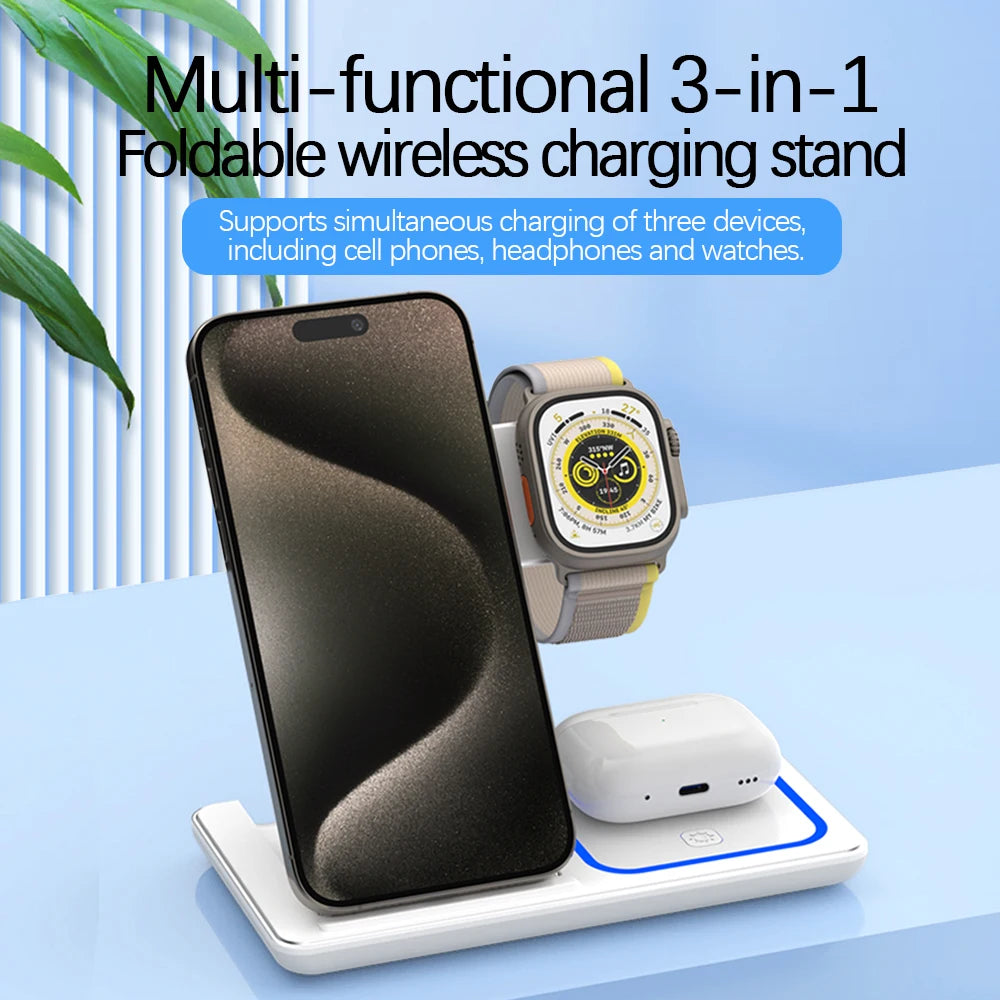 30W LED Fast Wireless Charger Stand – 3-in-1 Foldable Charging Station