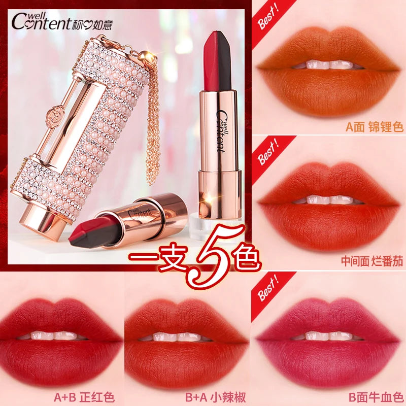 5 In 1 Colors Lipstick Matte Velvet Sexy Red Lip Tint Smooth Long Lasting Waterproof Easy to Wear Magic Lip Makeup for Women