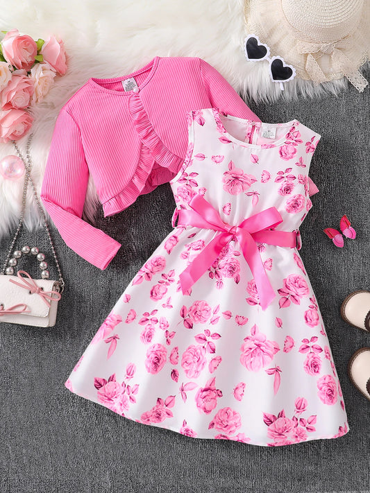 Ensemble de vêtements pour enfants fille mode automne décontracté robe florale rose ensemble 2 pièces - gilet col rond rose + jupe florale rose