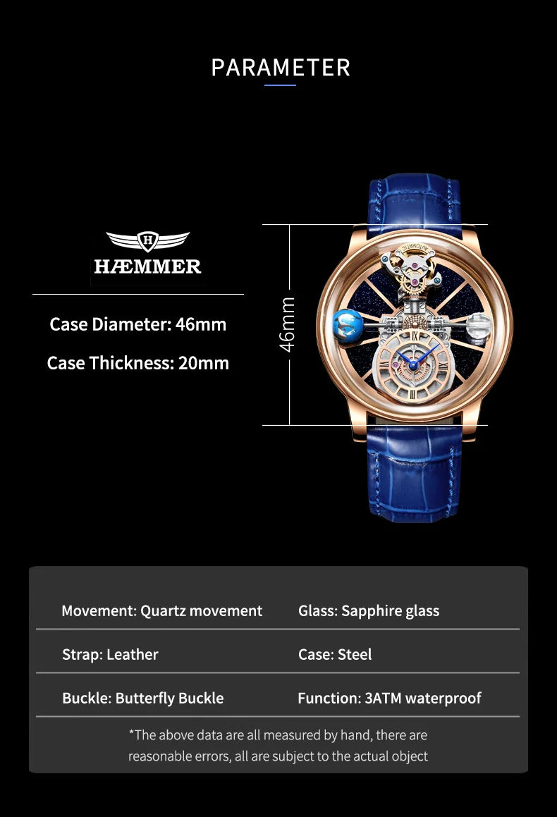 2024 HAEMMER Celestial Men's Watch Transparent Case Design Men's Leather Quartz Watch Time Adjustment Jacob Relogio Waterproof