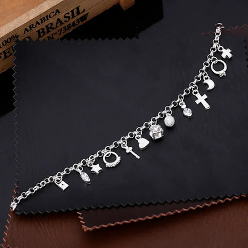 925 Sterling Silver Fashion 13pcs Pendant Chain Charm Bracelet for Women for Teen Girls Lady Gift Women Fine Jewelry