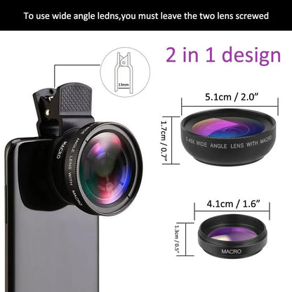 2 in 1 Lens Universal Clip 37mm Mobile Phone Lens Professional 0.45X 49Uv Super Wide-Angle + Macro Hd Lens for iPhone Android