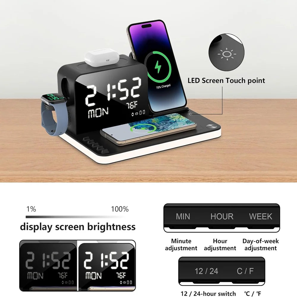 Newest Dual iPhone Wireless Charging Station – 7-in-1 Fast Charger Stand with Clock & Night Light for Apple Watch, iPhone 16/15/14, AirPods & More