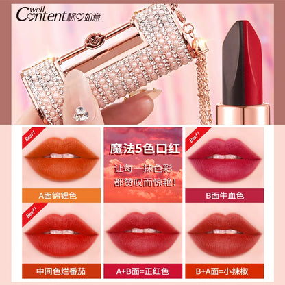 5 In 1 Colors Lipstick Matte Velvet Sexy Red Lip Tint Smooth Long Lasting Waterproof Easy to Wear Magic Lip Makeup for Women