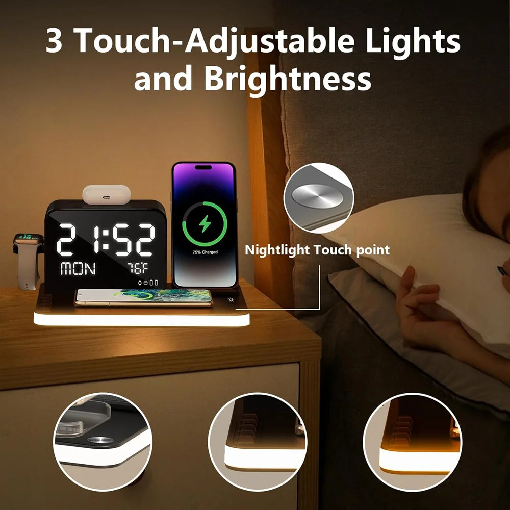 Newest Dual iPhone Wireless Charging Station – 7-in-1 Fast Charger Stand with Clock & Night Light for Apple Watch, iPhone 16/15/14, AirPods & More