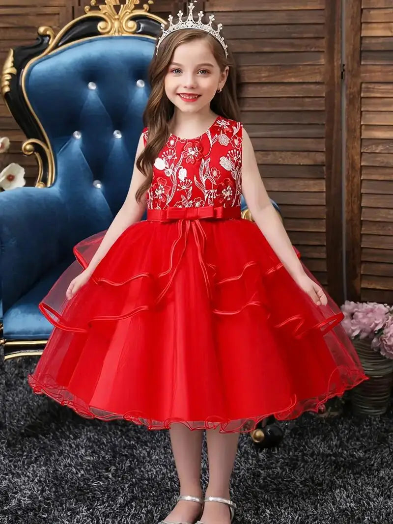 Robe de princesse pour filles sans manches avec broderie de fleurs, tutu, robe de spectacle, robe de mariage, fleur pour filles, pour soirée, anniversaire #5810