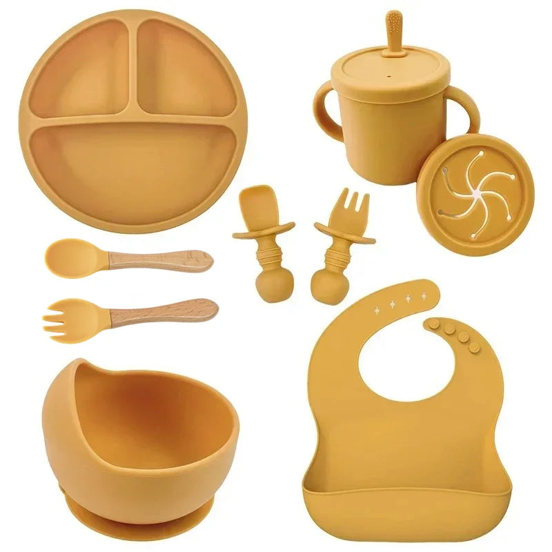 BPA Free Silicone Baby Feeding Set Sucker Bowl Dinning Plate Straw Cup Spoon Forks for Kids Baby Tableware Children Dishes