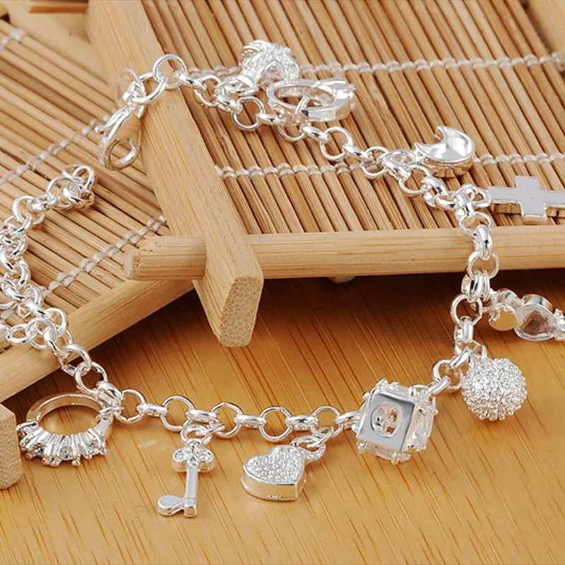 925 Sterling Silver Fashion 13pcs Pendant Chain Charm Bracelet for Women for Teen Girls Lady Gift Women Fine Jewelry