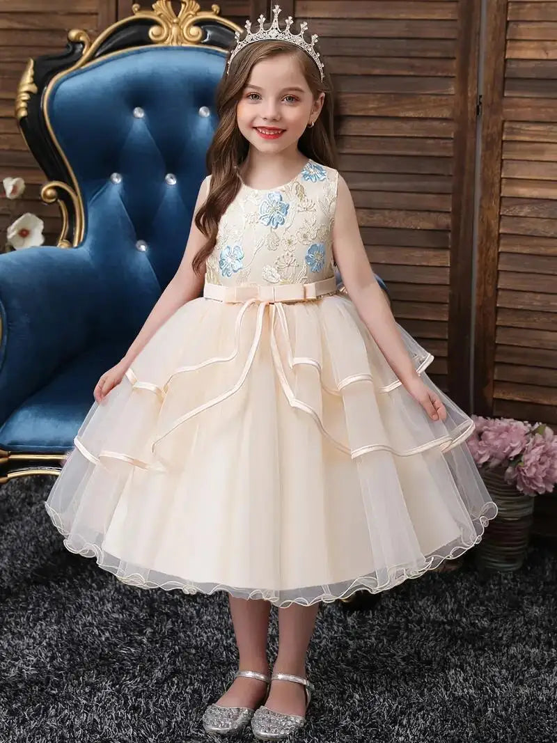 Robe de princesse pour filles sans manches avec broderie de fleurs, tutu, robe de spectacle, robe de mariage, fleur pour filles, pour soirée, anniversaire #5810