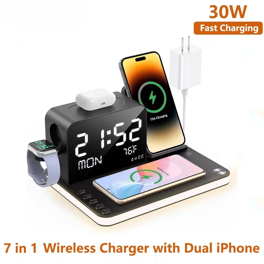 Newest Dual iPhone Wireless Charging Station – 7-in-1 Fast Charger Stand with Clock & Night Light for Apple Watch, iPhone 16/15/14, AirPods & More