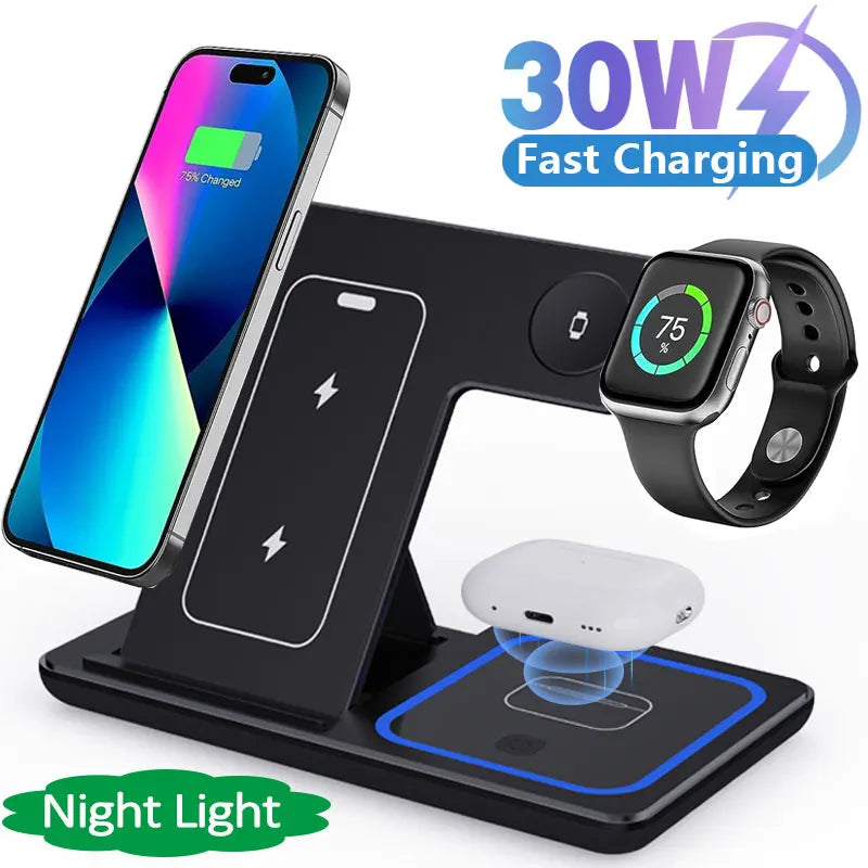 30W LED Fast Wireless Charger Stand – 3-in-1 Foldable Charging Station