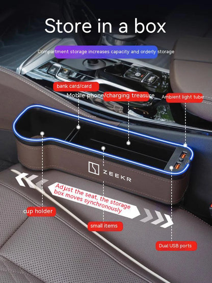 Car Sewn Seat Gap Crevice Slot Storage Box With Atmosphere lamp USB Charging Auto Accessories