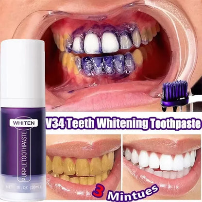 V34 Purple Teeth Whitening Toothpaste Remove Plaque Stains Cleaning Oral Hygiene Dental Bleach Tools Fresh Breath Beauty Health