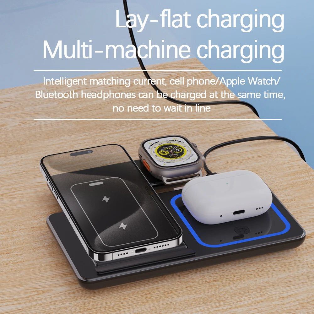 30W LED Fast Wireless Charger Stand – 3-in-1 Foldable Charging Station