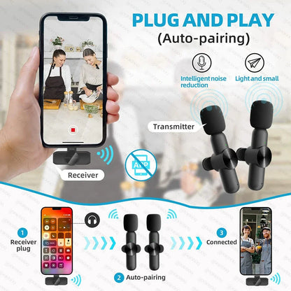 Wireless Lavalier Microphone Portable Audio Video Recording Mini Mic for iPhone Android Live Broadcast Gaming Phone Mic