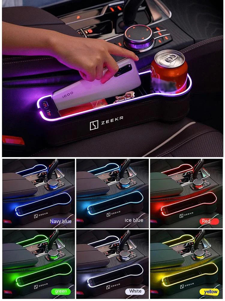 Boîte de rangement pour fentes de siège de voiture cousue avec lampe d'ambiance, chargement USB, accessoires automobiles