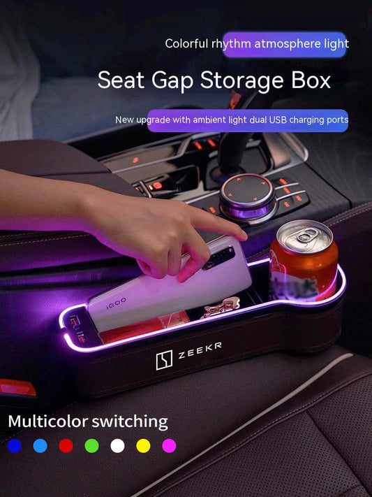 Autositzlücken-Aufbewahrungsbox mit Atmosphärenlampe, USB-Lade-Autozubehör