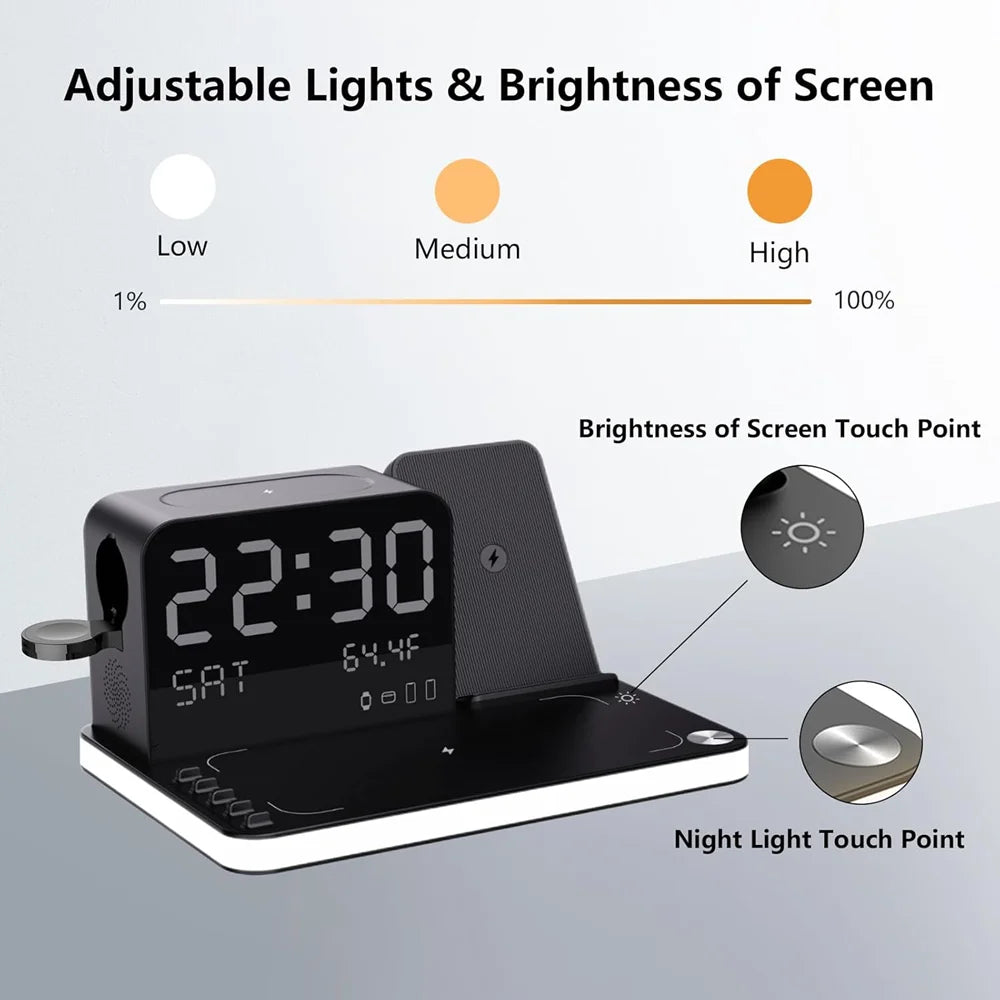 Newest Dual iPhone Wireless Charging Station – 7-in-1 Fast Charger Stand with Clock & Night Light for Apple Watch, iPhone 16/15/14, AirPods & More