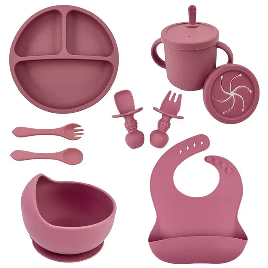 Ensemble d'alimentation pour bébé en silicone sans BPA, bol à ventouse, assiette à manger, paille, tasse, cuillère, fourchettes pour enfants, vaisselle pour bébé, plats pour enfants