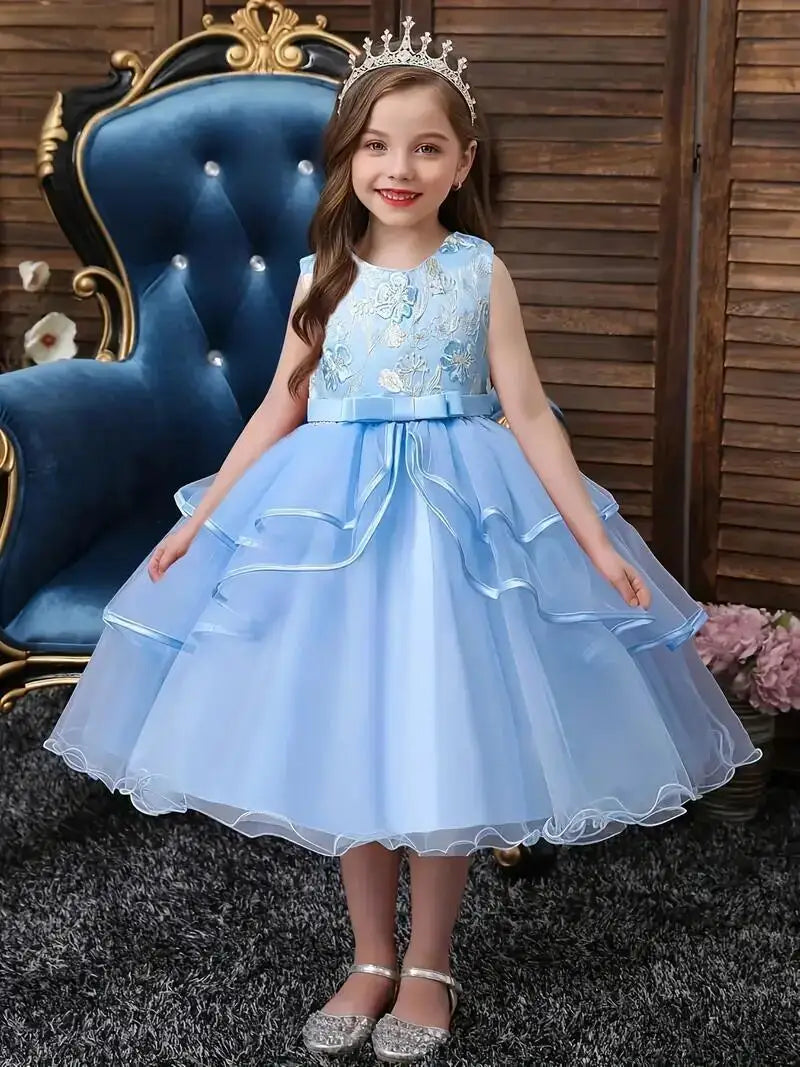 Robe de princesse pour filles sans manches avec broderie de fleurs, tutu, robe de spectacle, robe de mariage, fleur pour filles, pour soirée, anniversaire #5810