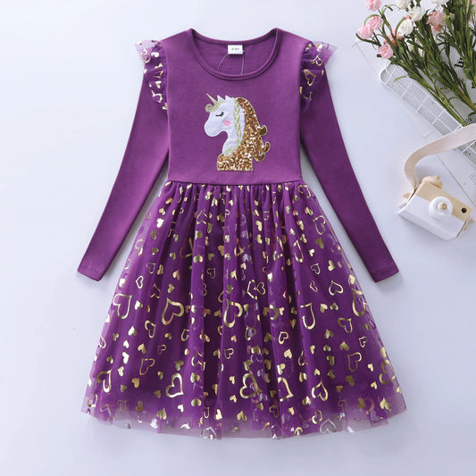 Mädchen Herbst Langarm Mesh Cartoon Einhorn Kleid LH1696