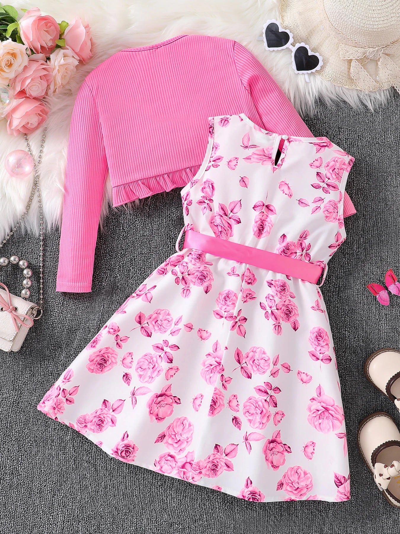 Ensemble de vêtements pour enfants fille mode automne décontracté robe florale rose ensemble 2 pièces - gilet col rond rose + jupe florale rose