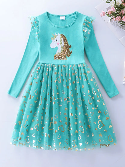 Girls' Unicorn Mesh Dress | Long Sleeve Autumn | Tamalaki