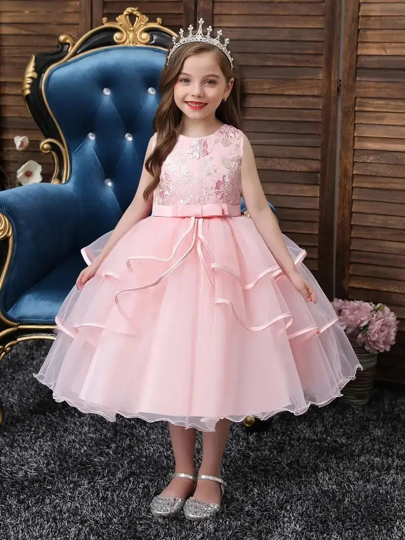 Robe de princesse pour filles sans manches avec broderie de fleurs, tutu, robe de spectacle, robe de mariage, fleur pour filles, pour soirée, anniversaire #5810