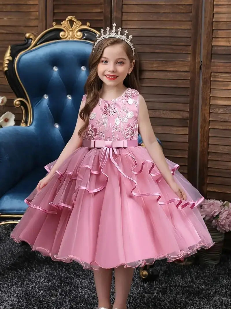 Robe de princesse pour filles sans manches avec broderie de fleurs, tutu, robe de spectacle, robe de mariage, fleur pour filles, pour soirée, anniversaire #5810