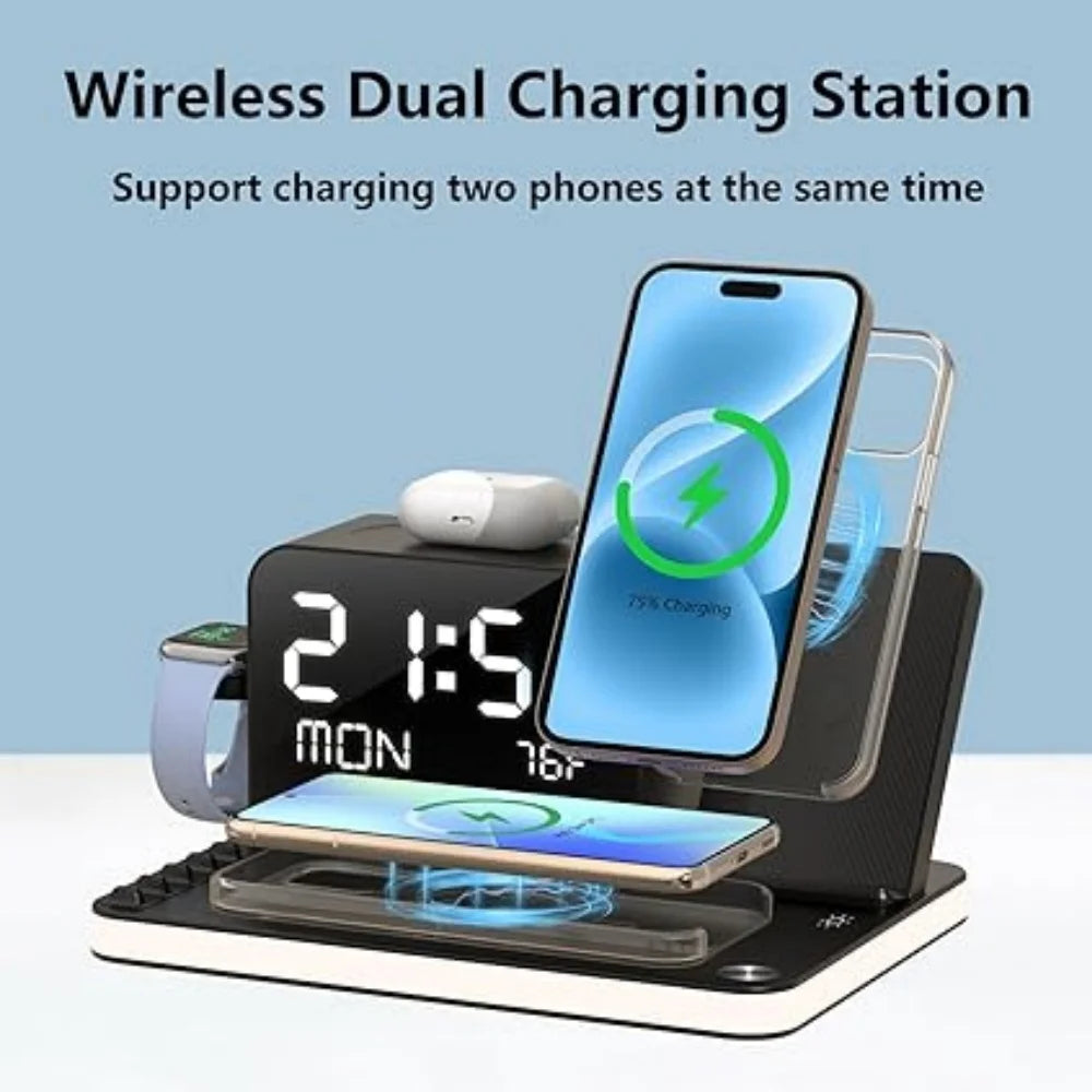 Newest Dual iPhone Wireless Charging Station – 7-in-1 Fast Charger Stand with Clock & Night Light for Apple Watch, iPhone 16/15/14, AirPods & More